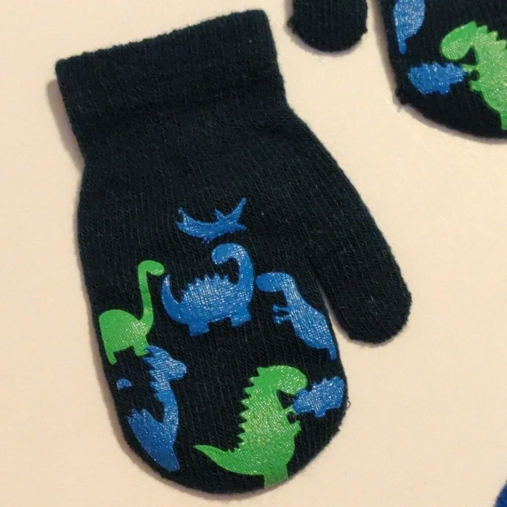 2 Pair Set Toddler Boys Multicolored Dino Dinosaur Knit Mittens Warm Winter NEW